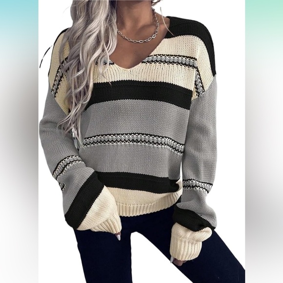 🍂 Autumn/Winter Casual Color Stripe Relaxed Sweater - Mocha/Bla… - Picture 5 of 8